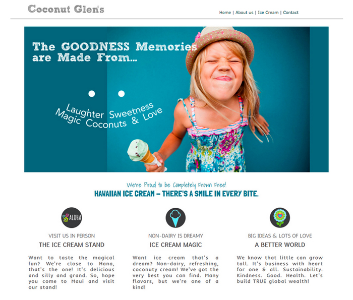 Website page with splash screen of girl smiling with ice cream